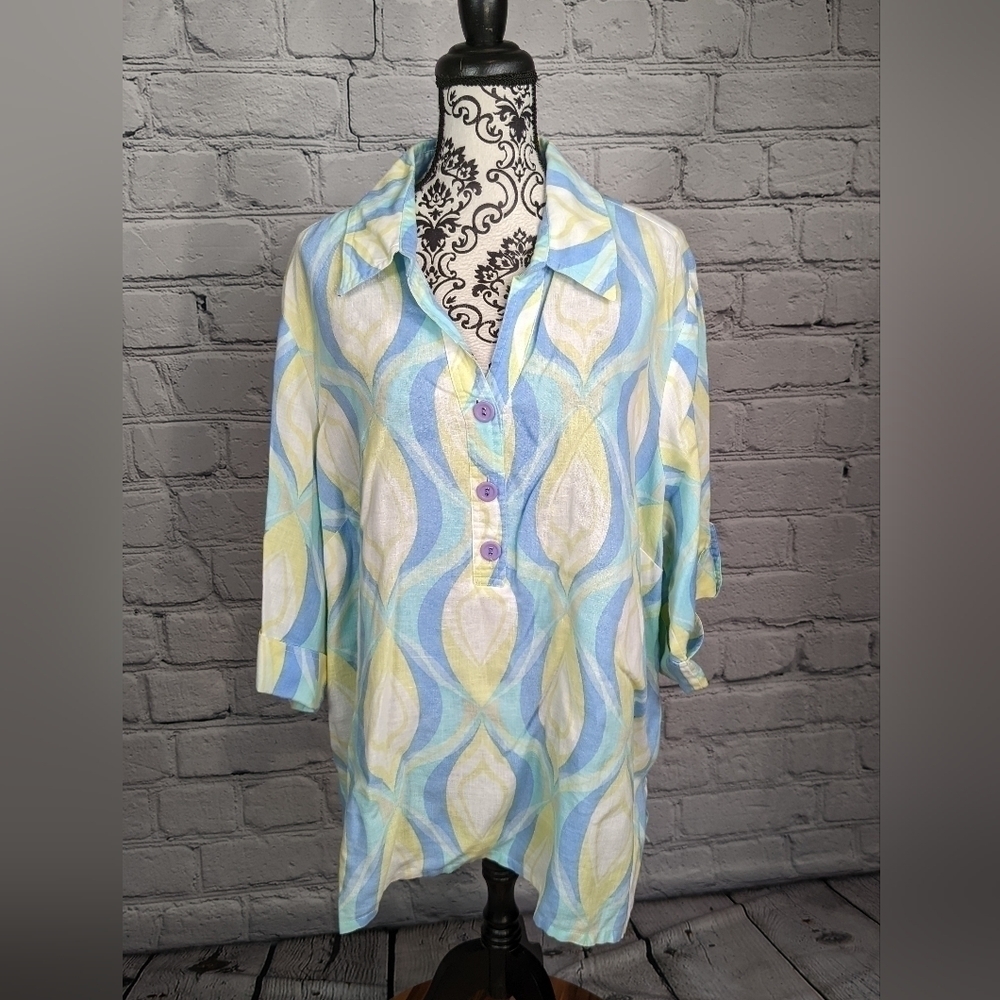 JM Collection women's 3/4 sleeves1/2 button front 22w geo print linen top bb06